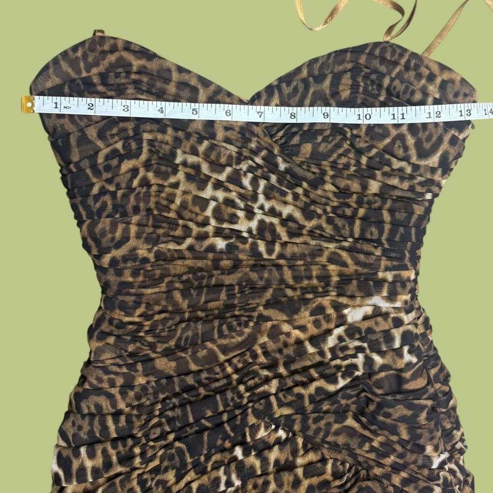 BCBGMaxAzria Leopard Print Ruched Bovary Dress with Lace Trim - Picture 7 of 8